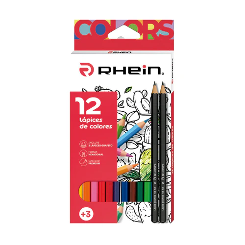 Lapices 12 Colores Largos Hexagonal + 2 Lapices Grafitos Rhein