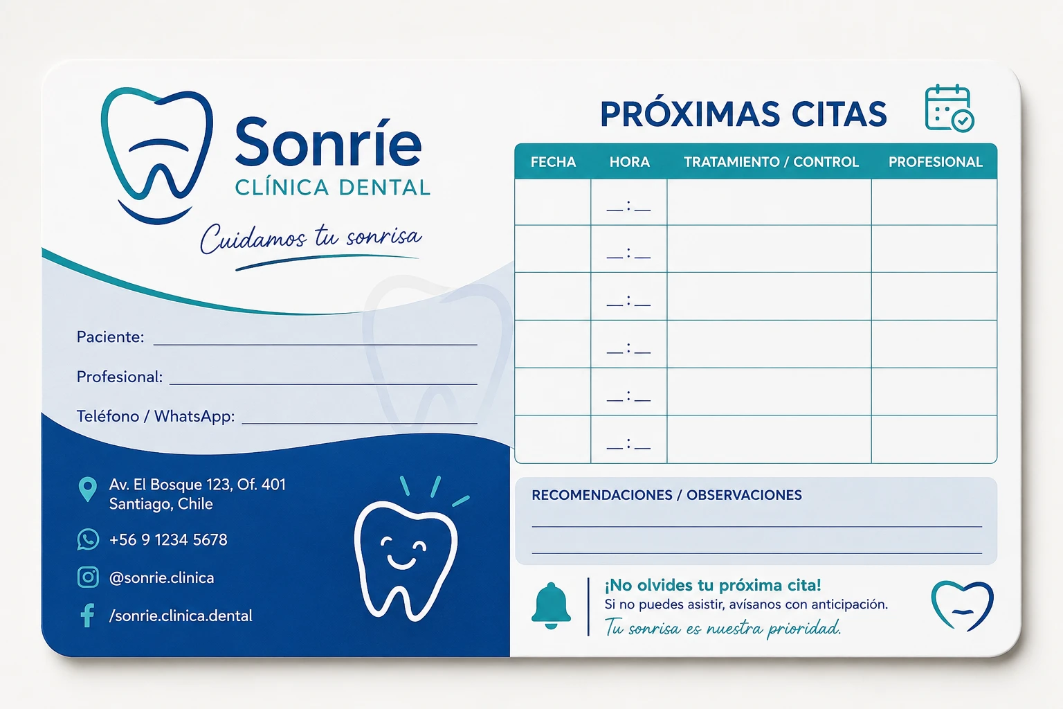 Tarjeta de Control y Próximas Citas Odontológicas