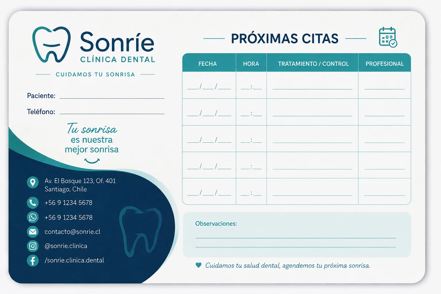 Tarjeta de Control y Próximas Citas Odontológicas